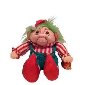 90's Ugly green hair troll Santas Elf parachute fabric stuffed toy Silver Int Co